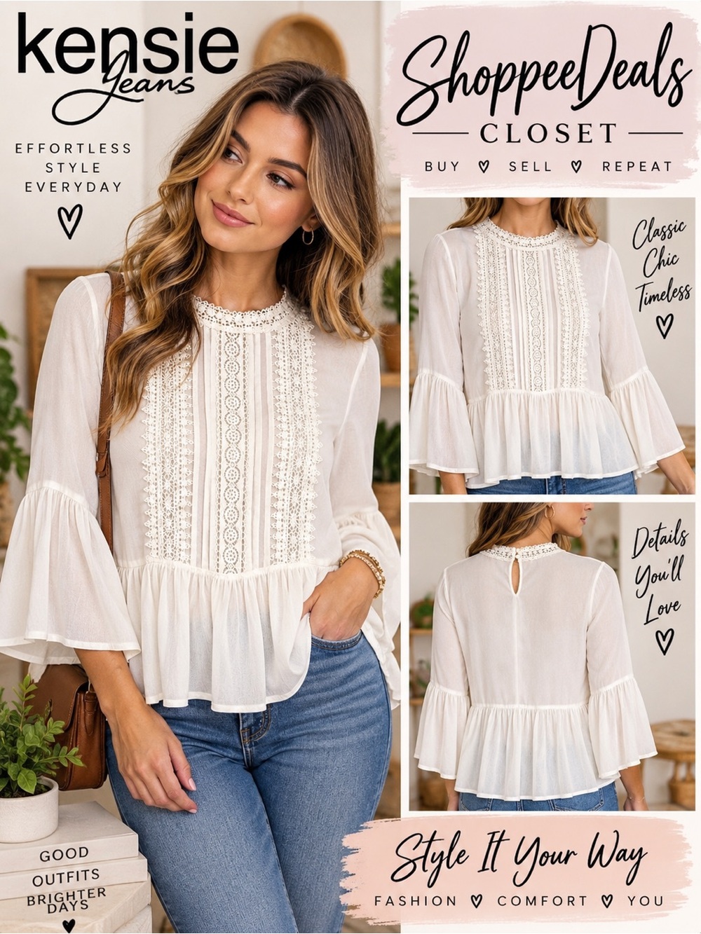 Kensie Jeans Ivory Lace Pintuck Peplum Blouse Size L